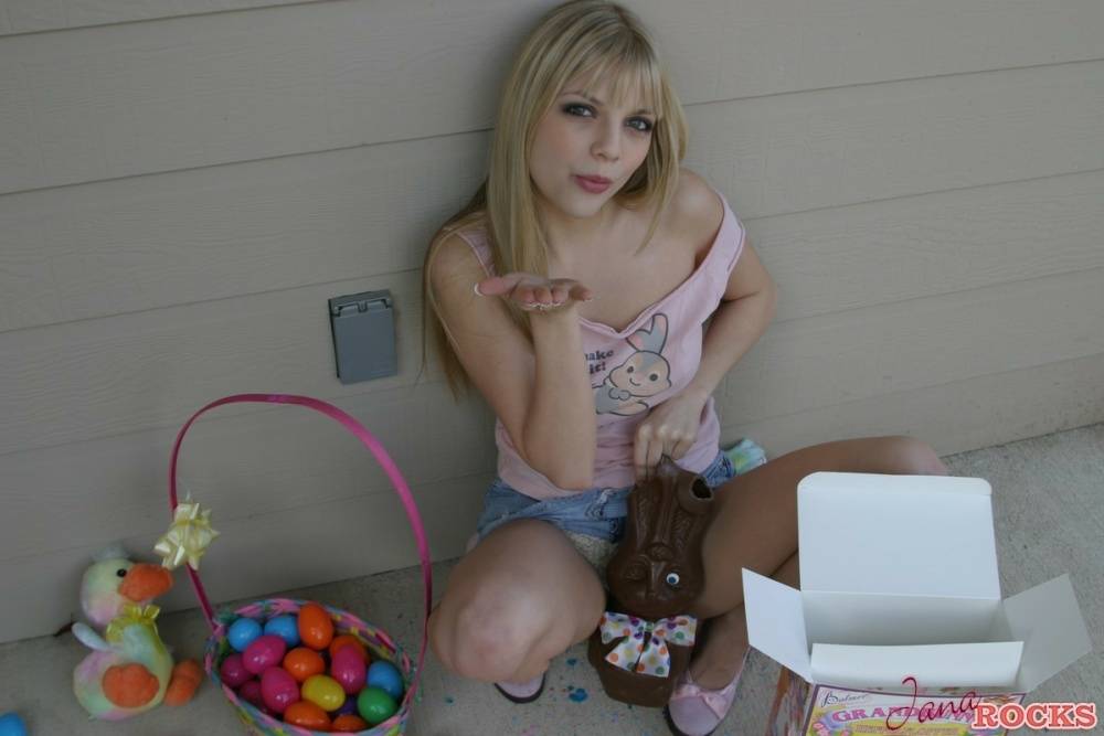 Sweet blonde teen Jana Jordan flashes upskirt panties while eating chocolate - #3
