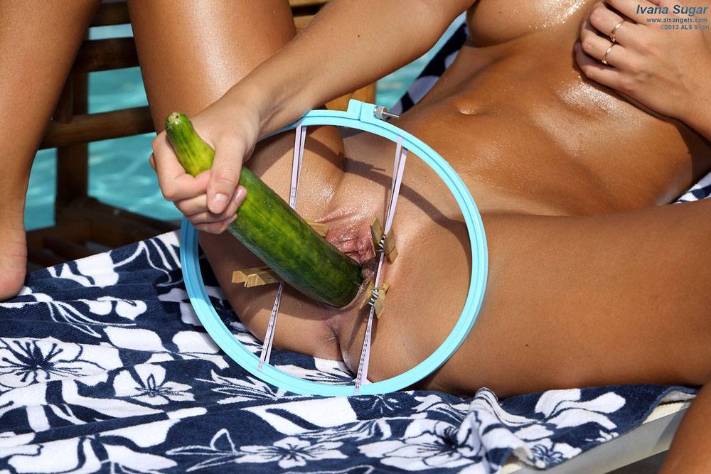 Blonde amateur Ivana Sugar posing topless in sunglasses beside pool - #12