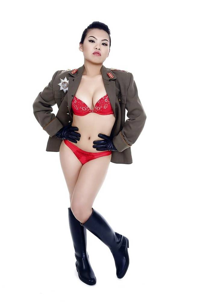 Oriental pornstar Cindy Starfall posing solo in military garb - #13