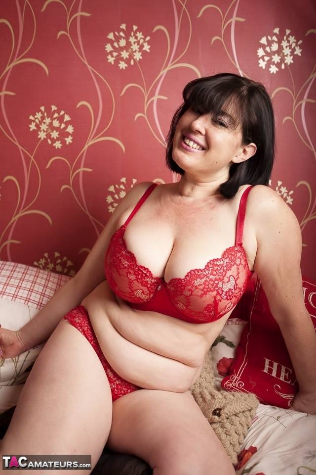 Big fatty Juicey Janey doffs red lingerie to fondle her own enormous tits - #3