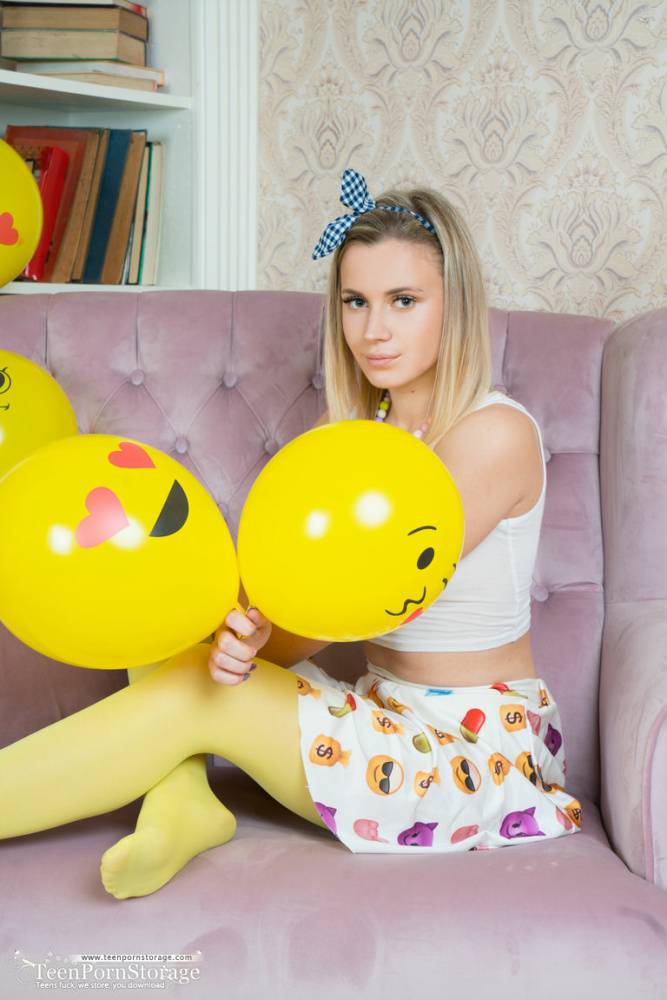Adorable teen Pink removes her tights to pose completely nude amid balloons - #7