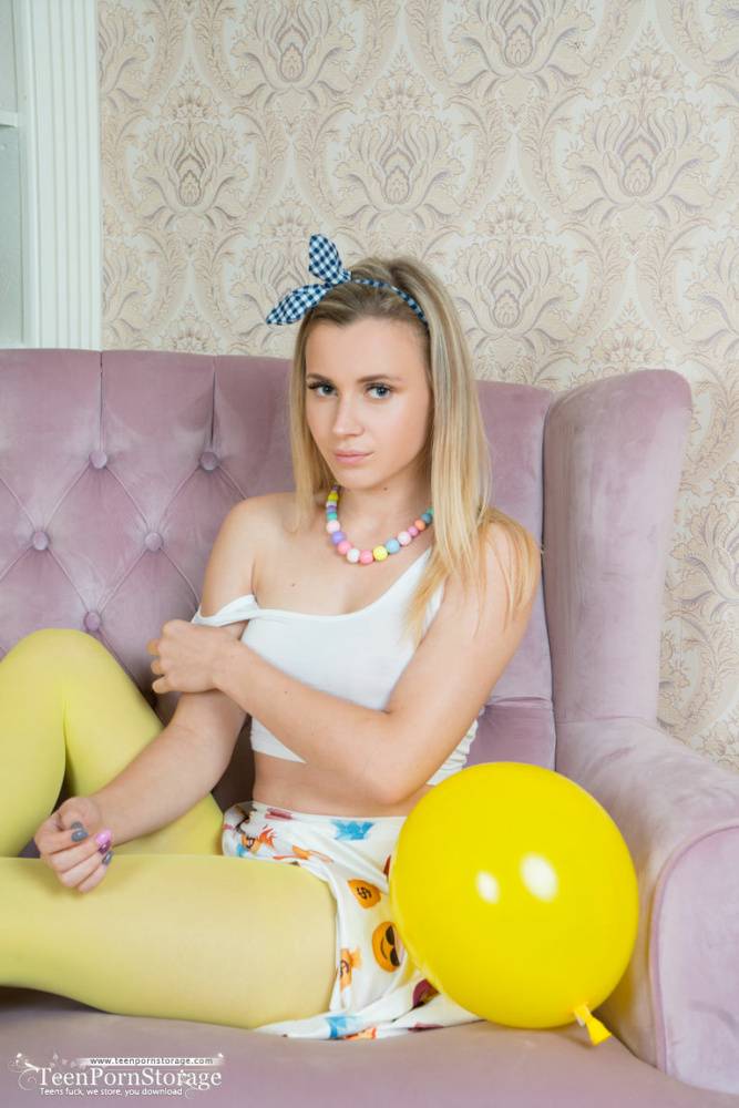 Adorable teen Pink removes her tights to pose completely nude amid balloons - #3