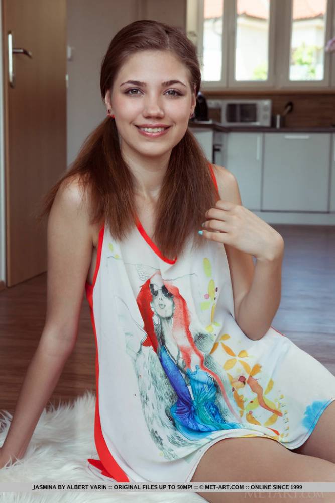 Sweet teen Jasmina tugs on her pigtails before getting totally naked on a rug - #8