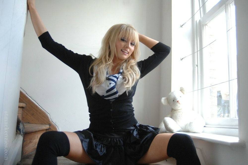 Hot blonde schoolgirl Elle Parker sheds uniform posing topless in lace panties - #6