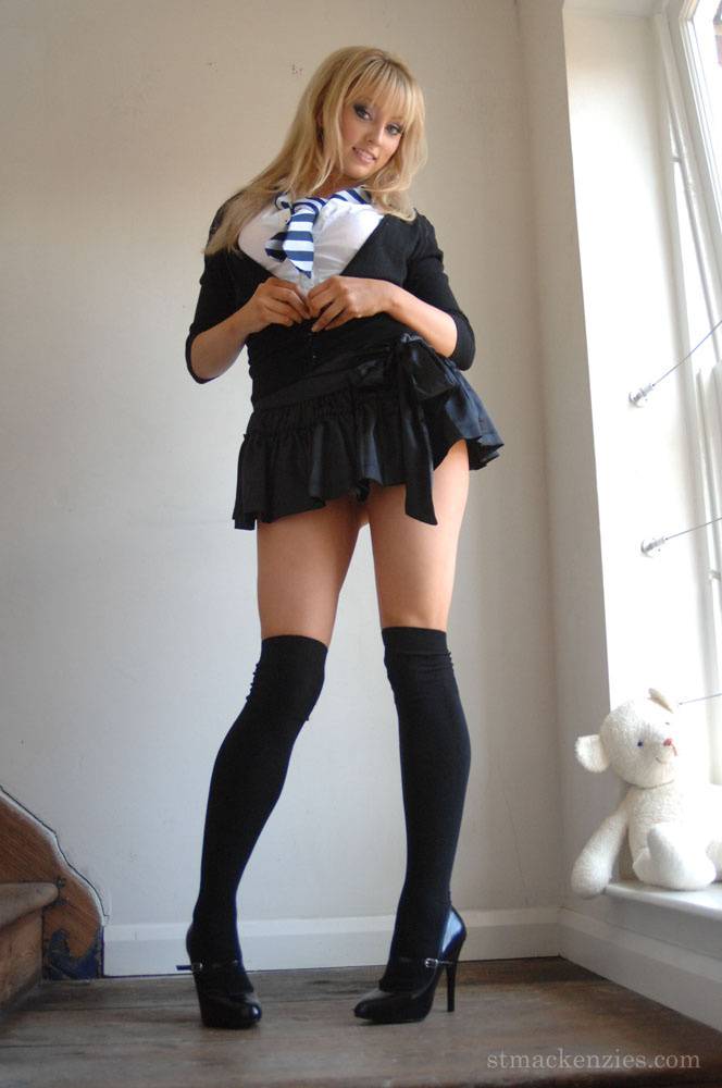Hot blonde schoolgirl Elle Parker sheds uniform posing topless in lace panties - #1