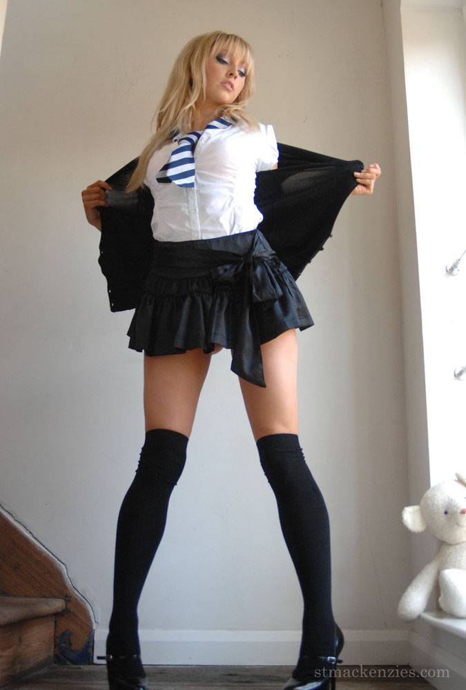 Hot blonde schoolgirl Elle Parker sheds uniform posing topless in lace panties - #8