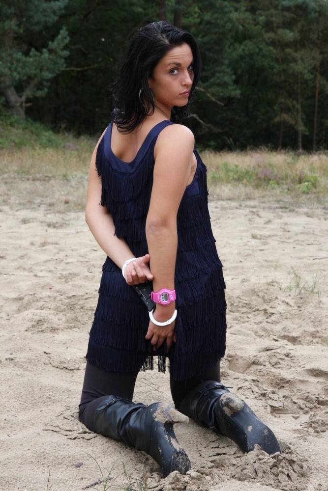 Brunette girl Nora is handcuffed to a tree while wearing a pink G-Shock watch - #11