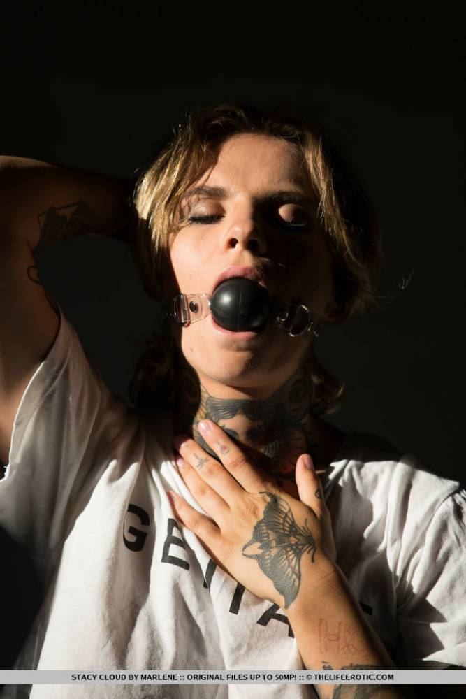 Tattooed female Stacy Cloud wears a ball gag while getting naked at night - #5