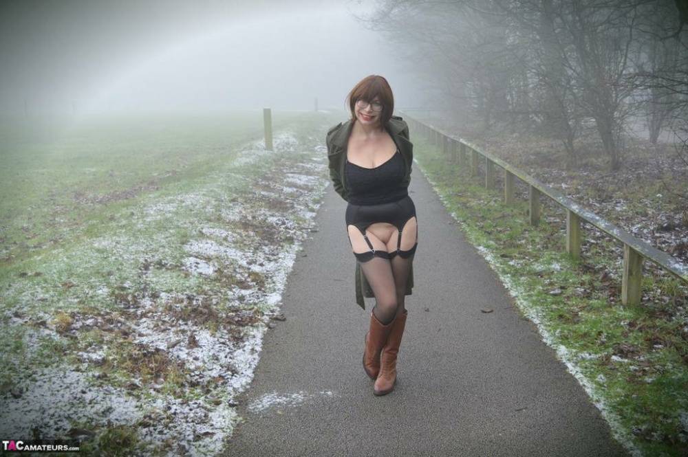 Amateur woman Barby Slut exposes herself at a waterfront park on a foggy day - #12