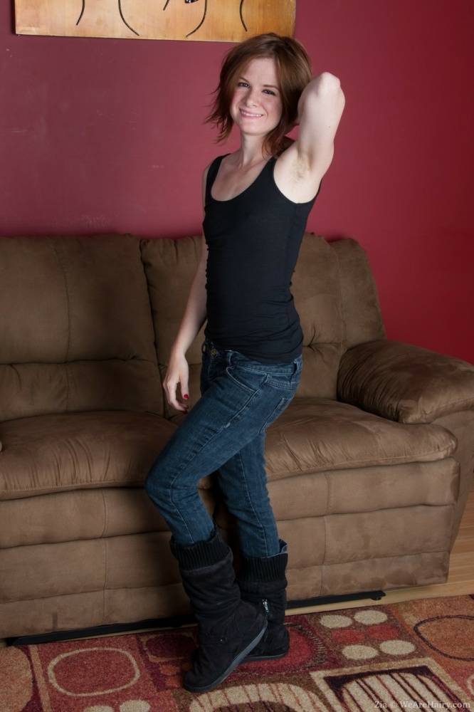 Cute redhead Zia drops her jeans and stretches wide open to show a ginger muff - #2