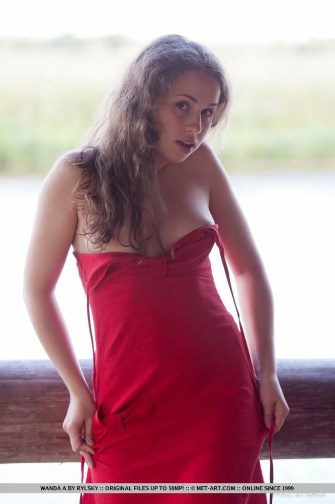 Cute brunette teen in a sexy red dress Wanda spreads her hairy pussy - #16