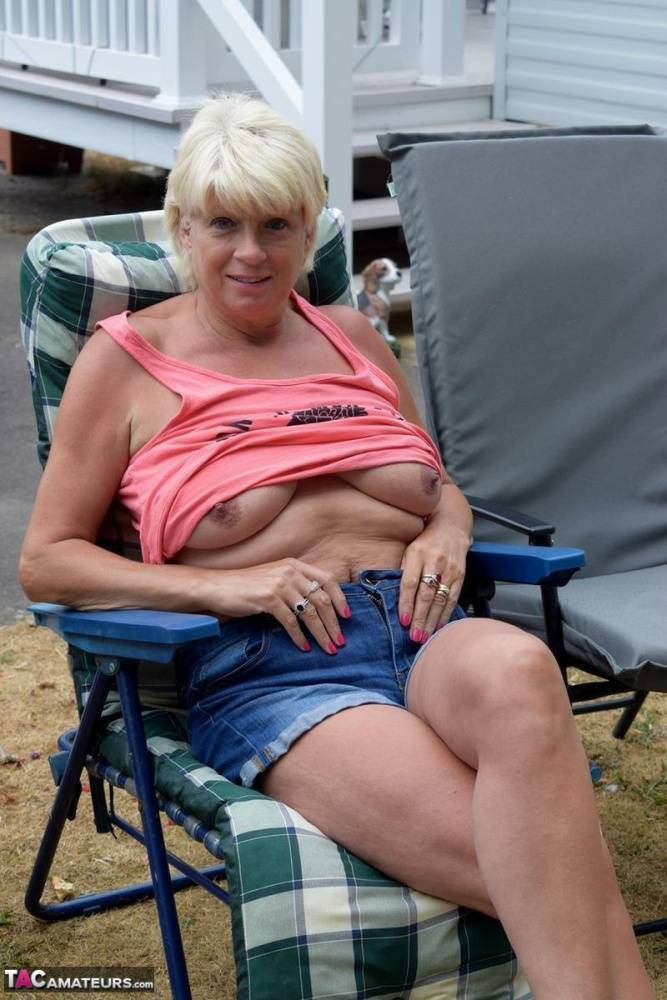 Older blonde Dimonty gets naked in a trailer park during solo action - #4