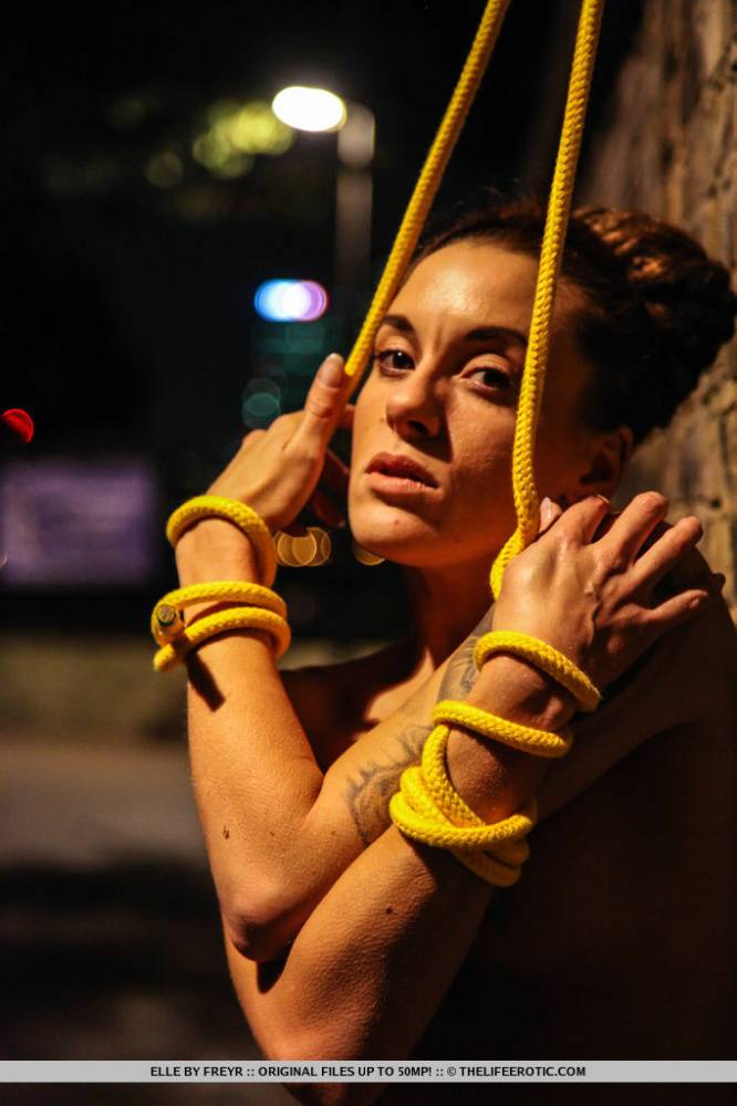 Naked teen is restrained to a brick wall with yellow rope at night - #7