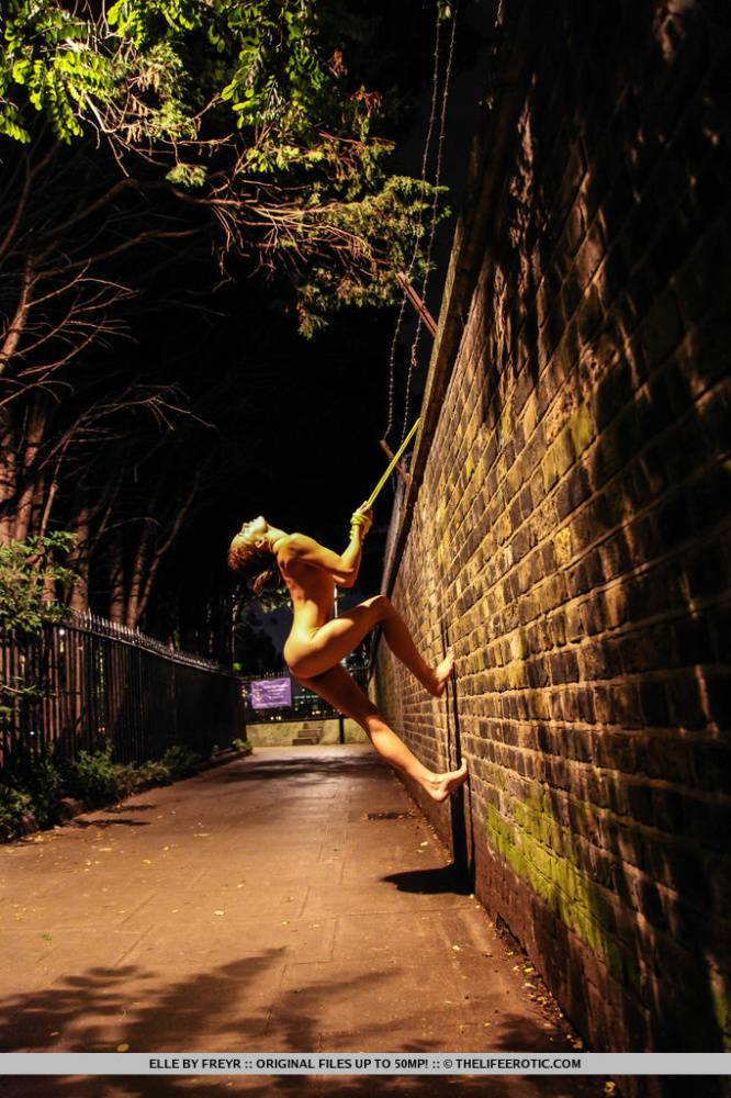 Naked teen is restrained to a brick wall with yellow rope at night - #1