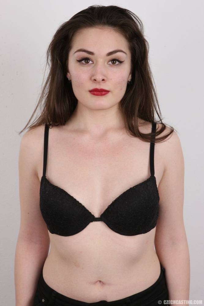 Brunette model Eva peels black panties and bra for a photo audition - #1