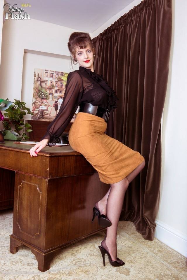 Long legged Kate Anne poses on the desk flaunting her vintage silk stockings - #6