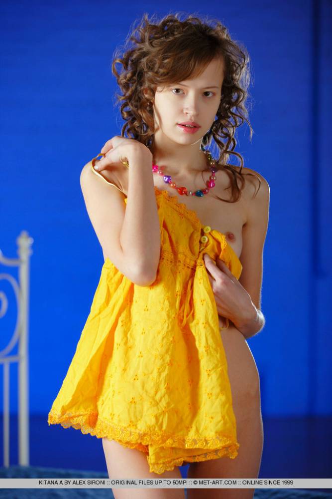Skinny Russian teen Kitana A slips out of her yellow dress for nude posing - #8