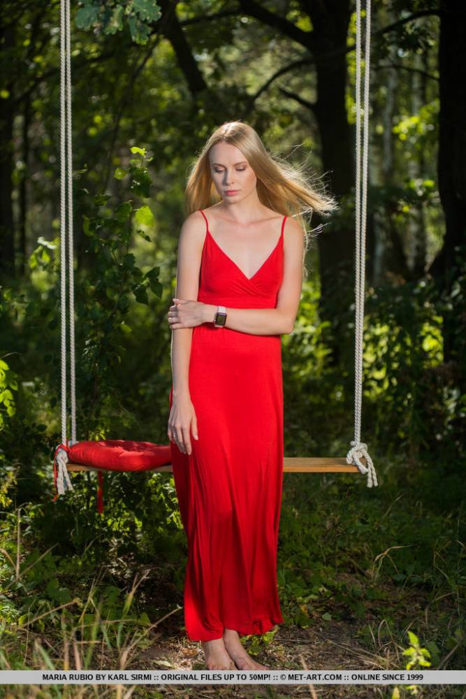 Beautiful blonde teen Maria Rubio removes a red dress to go nude on a swing - #5
