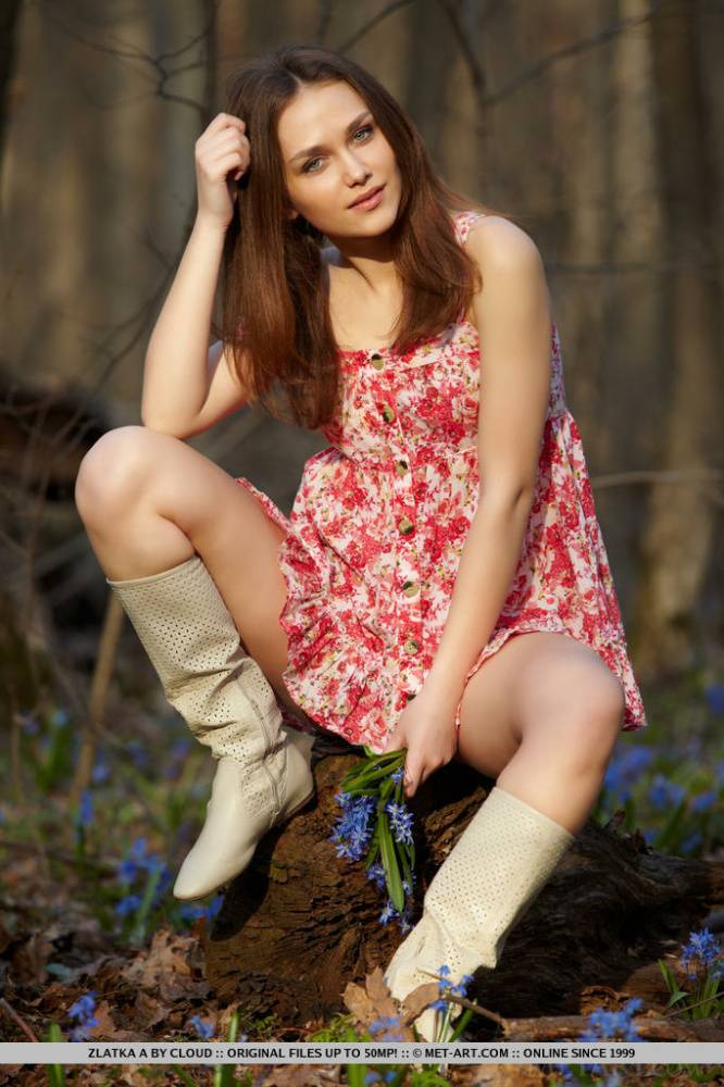 Adorable teen Zlatka A removes a dress to model naked in a forest - #14
