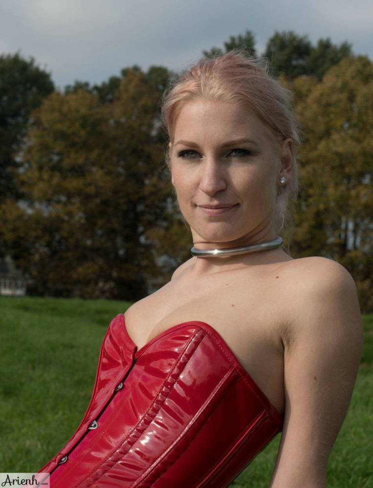 Collared girl Arienh Autumn models a red leather corset while in a field - #16
