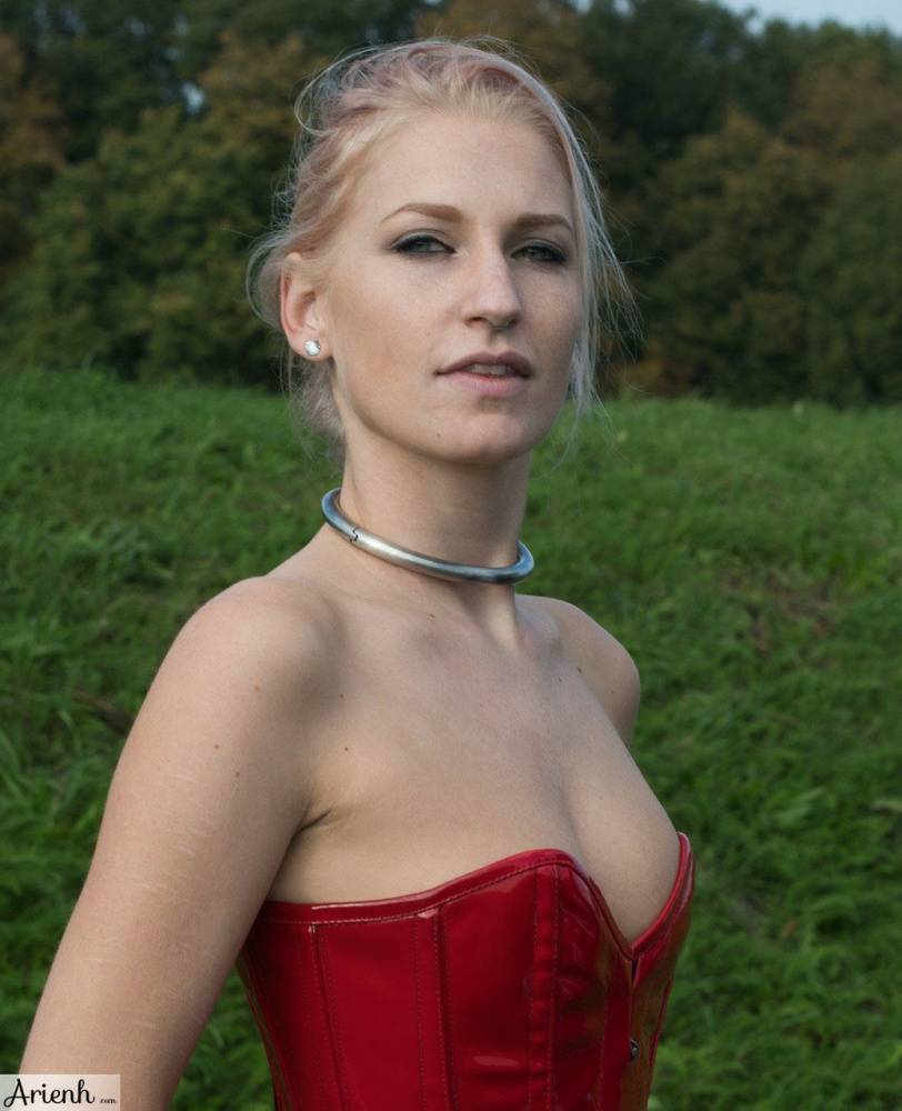 Collared girl Arienh Autumn models a red leather corset while in a field - #4