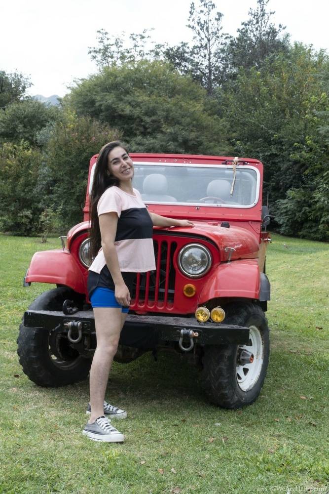 First timer Paris gets naked before spreading her bush on top of a Jeep - #12