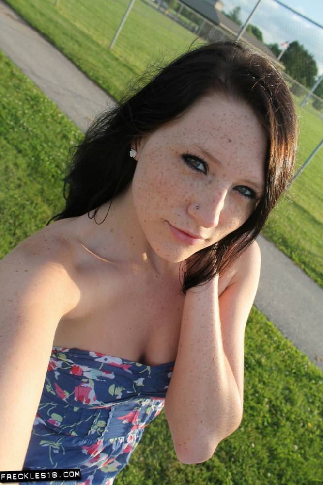 Teen solo girl Freckles 18 exposes her upskirt panties at a ball diamond - #5