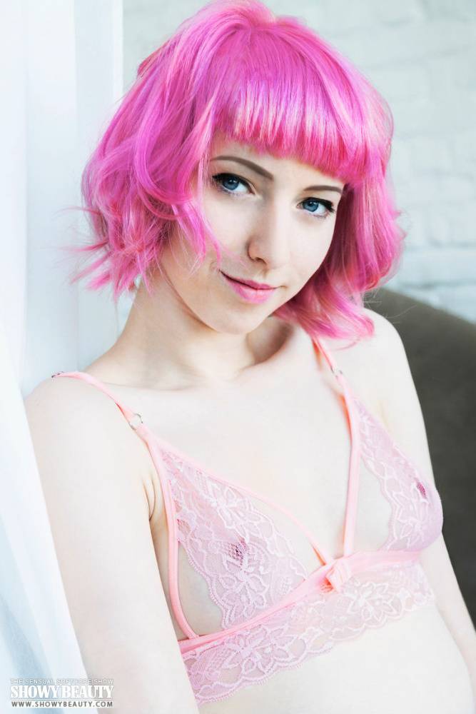 Pink haired young Cake in sheer underwear spreading pussy lips wide - #7