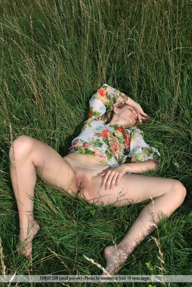 Nature girl Thea C hikes her dress to spread long legs & bald pussy in a field - #9