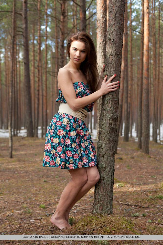 Beautiful teen Lachia A with small boobs spreading legs naked in the woods - #4