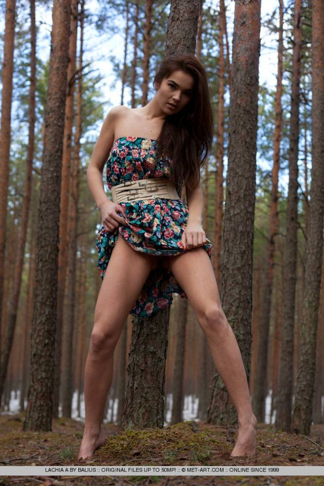 Beautiful teen Lachia A with small boobs spreading legs naked in the woods - #16