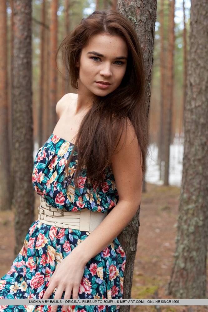Beautiful teen Lachia A with small boobs spreading legs naked in the woods - #13