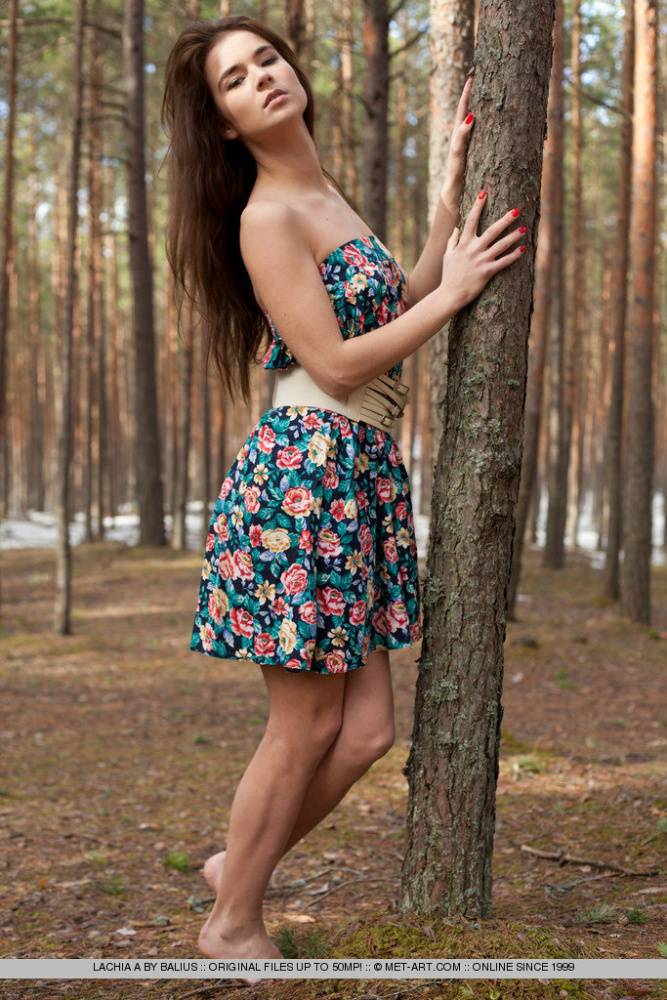 Beautiful teen Lachia A with small boobs spreading legs naked in the woods - #14