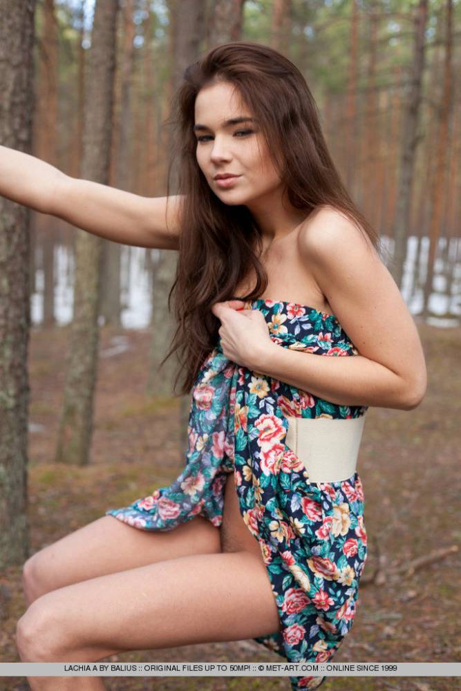 Beautiful teen Lachia A with small boobs spreading legs naked in the woods - #11