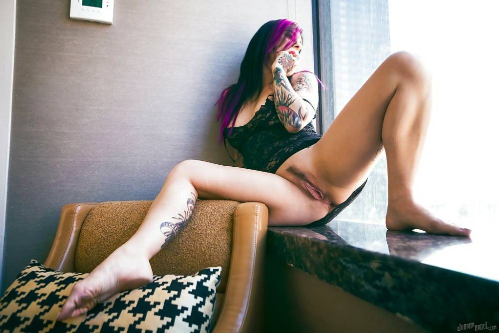 Tattooed alternative solo model Joanna Angel spreading pink pussy lips - #1