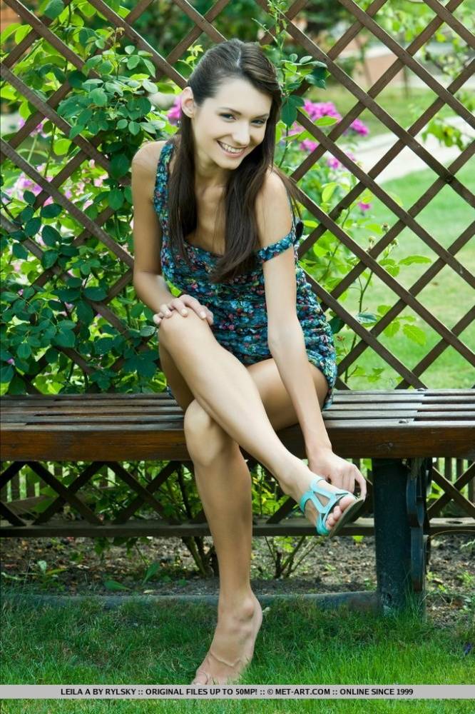 Skinny teen Leila A slips off her summer dress on garden bench to pose nude - #9