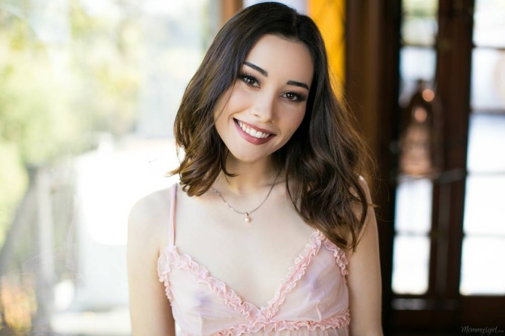 Brunette teen with a pretty face Aria Lee removes sheer lingerie to pose nude - #12