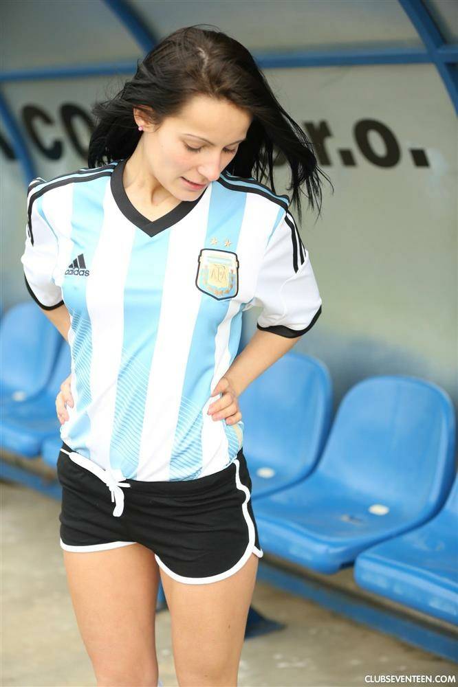 Barely legal soccer player removes her uniform before masturbating on a bench - #8
