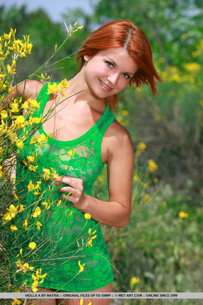 Beautiful redhead Violla A takes off short dress to get naked on a dirt path - #7