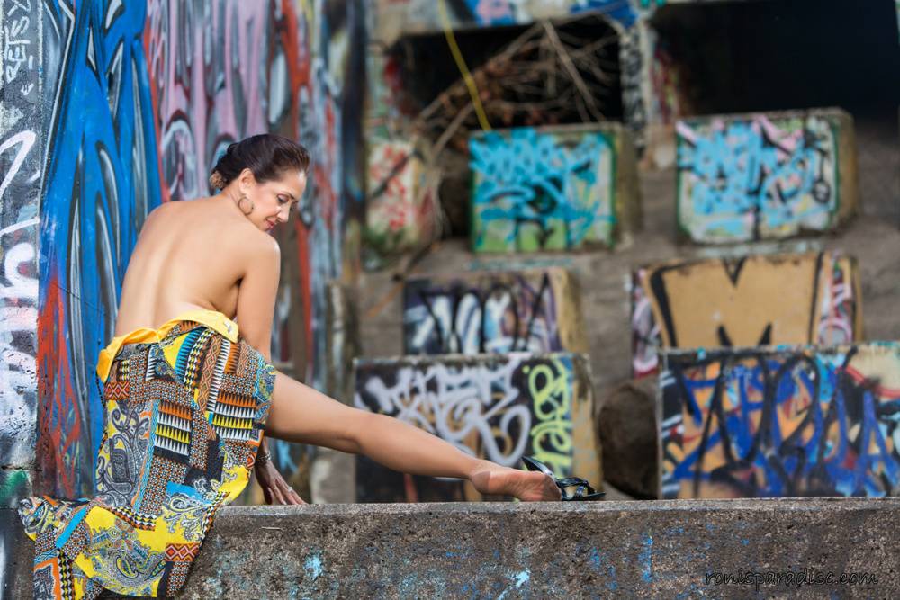 Mature wife Roni Ford removes dress and hose to model naked afore graffiti - #11