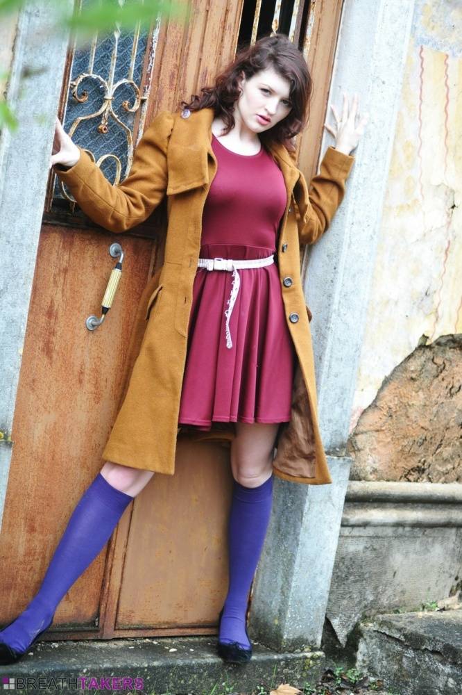 Glam model Fawna strips to knee socks outside a building in disrepair - #1