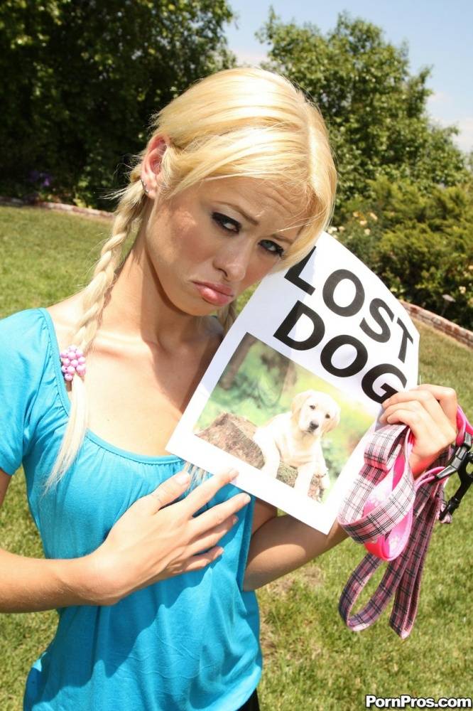 Blonde Rebecca Blue with pigtails looks for her lost dog and finds a hard cock - #3