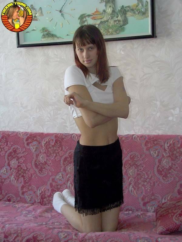 Redhead amateur poses nude for the first time in white socks on a couch - #14