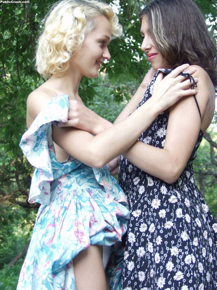 Young lesbians in summer dresses tongue kiss and lick pussy on a park pathway - #7