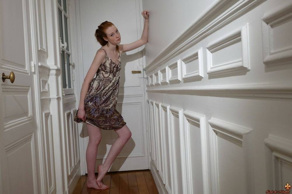 Pale redhead Nathalie Lawson exposes her upskirt underwear in a hallway - #12