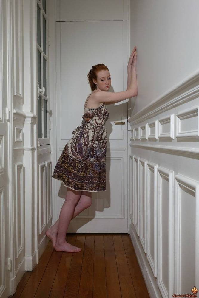 Pale redhead Nathalie Lawson exposes her upskirt underwear in a hallway - #15