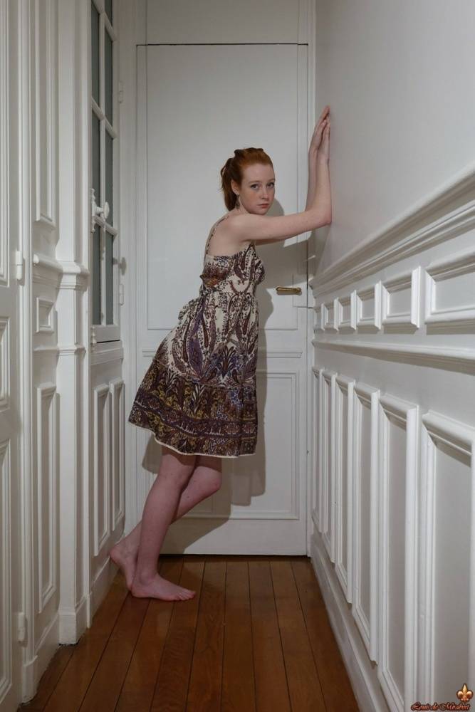 Pale redhead Nathalie Lawson exposes her upskirt underwear in a hallway - #6
