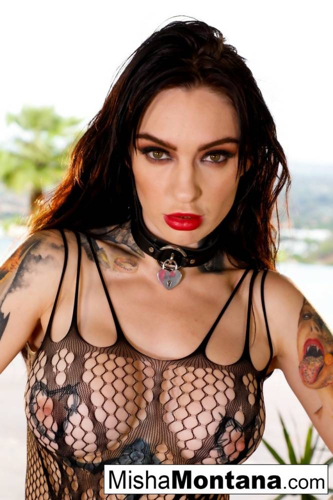 Collared and tattooed brunette Misha Montana dons a mesh bodystocking - #10