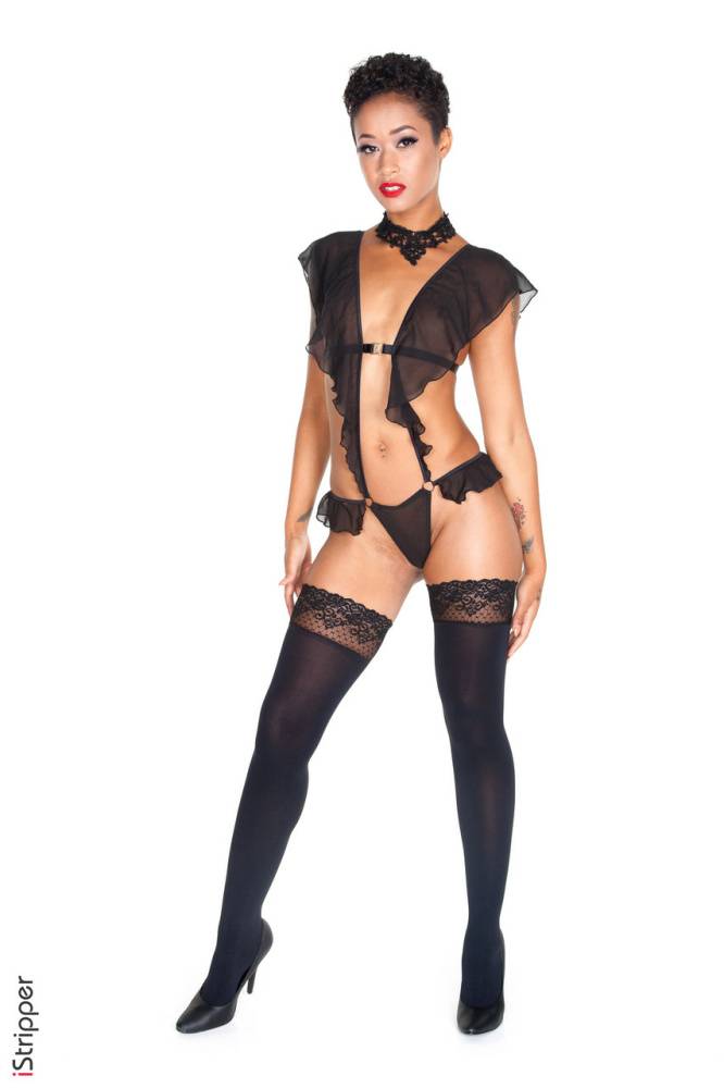 Ebony MILF Skin Diamond strips to black stockings in a sexy manner - #8