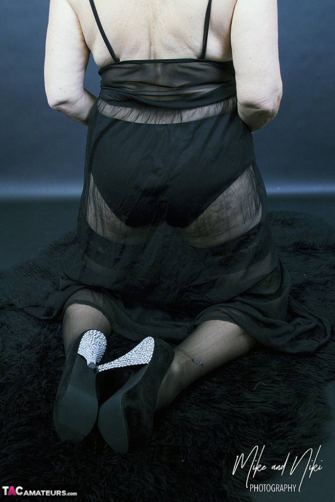 Fat old woman Savana models non nude in in black lingerie and sheer stockings - #2